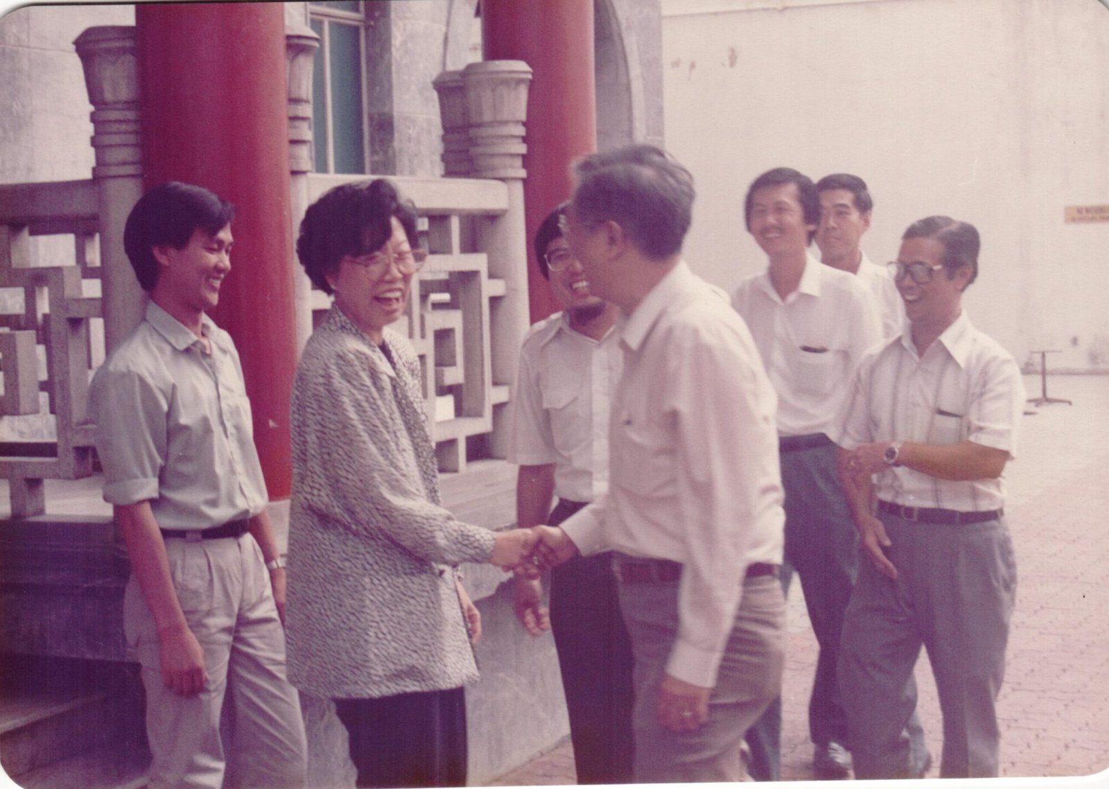 Welcoming Ch'ng Jit Koon Senior Minister of State for Community Development to the Second Budding Artists Exhibition Jan 3 1988. (Her instructor is to the far right)