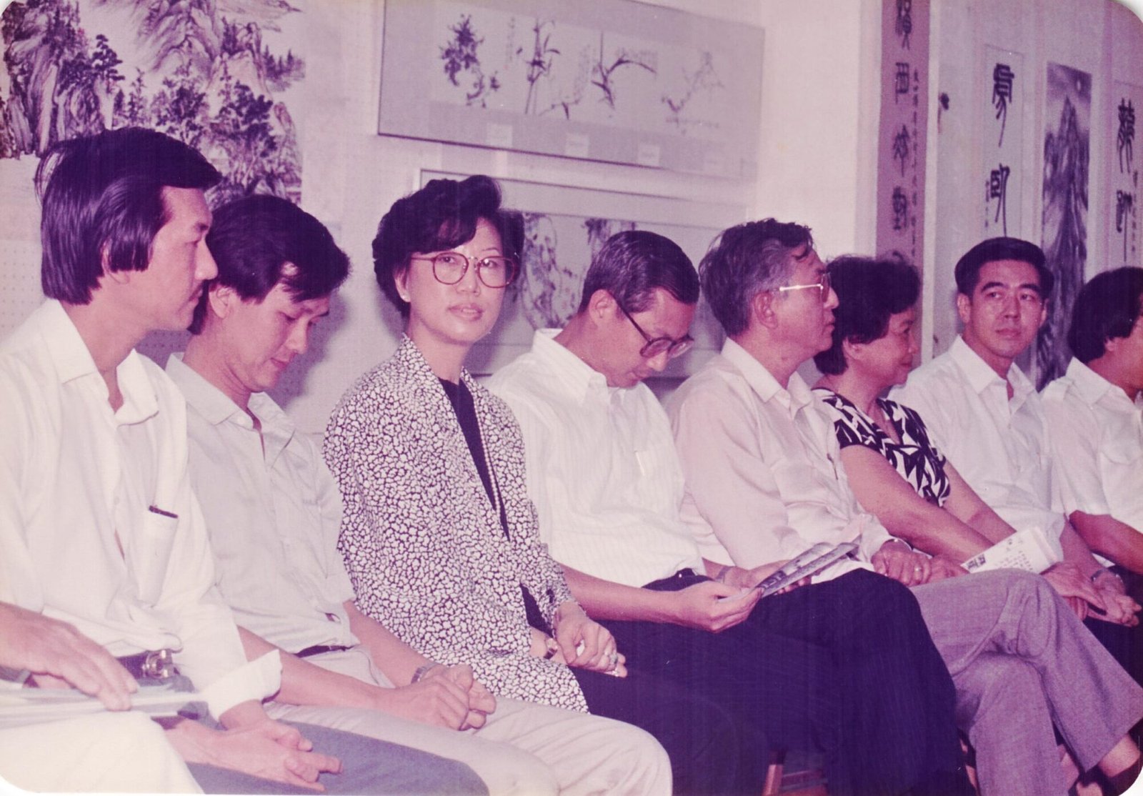The 3 artists with guests of honor at Second Budding Artists Exhibition 1988, organized by Mr Ng Woon Teck (second from left), showcasing their works.